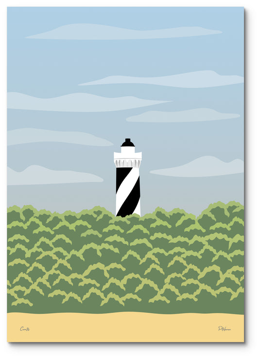 Affiche Contis illustrée : le phare noir et blanc qui dépasse de la forêt de pins