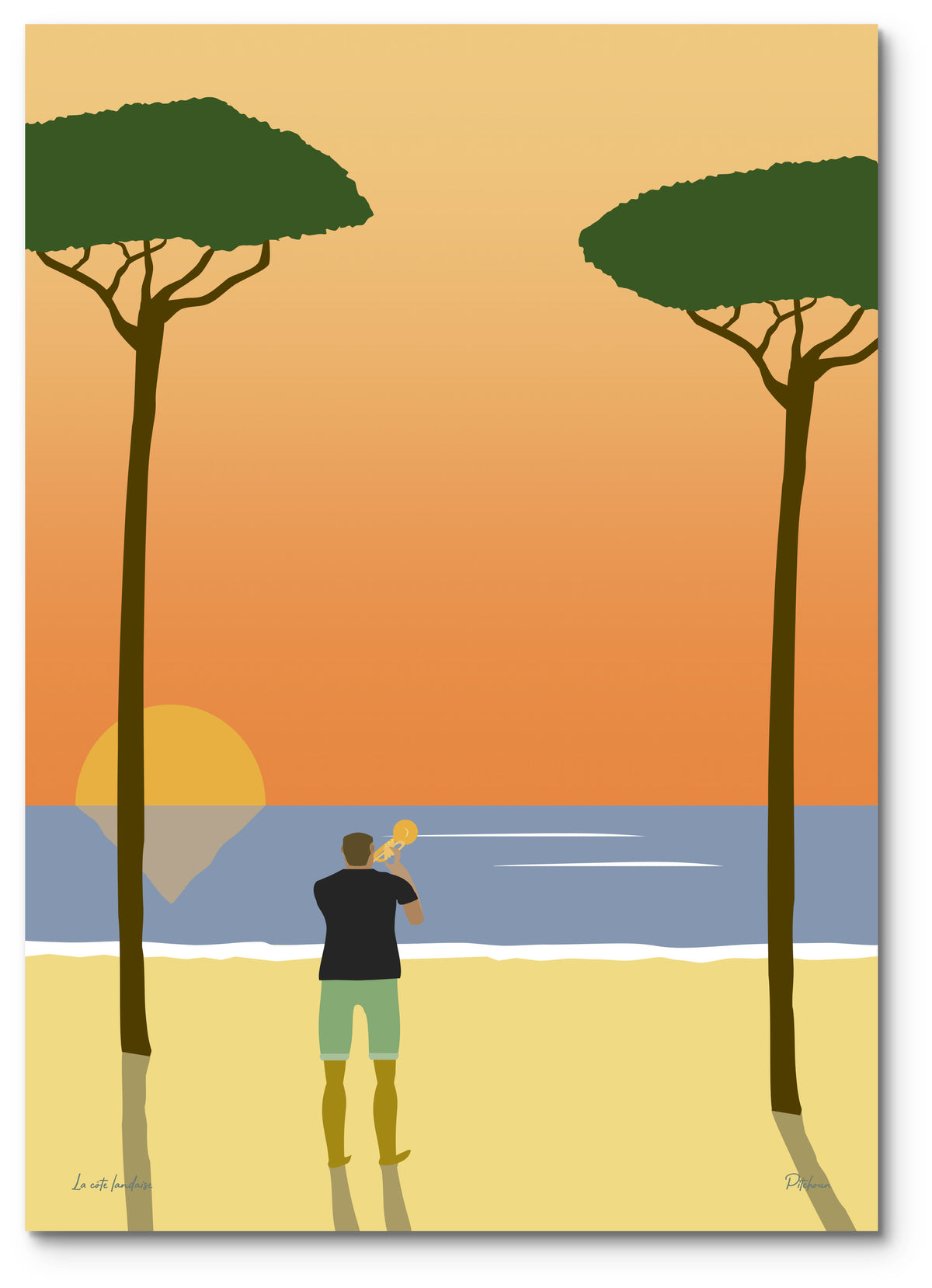 Affiche côte landaise illustrée : un trompettiste joue face à l'océan au coucher du soleil, entre deux pins