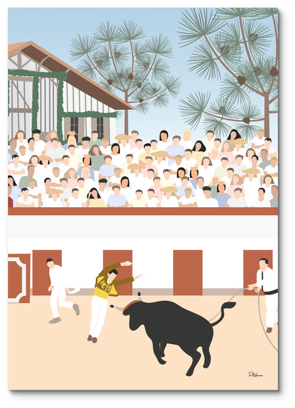 Affiche course landaise illustrée : un écarteur esquive la vache devant les gradins pleins des arènes
