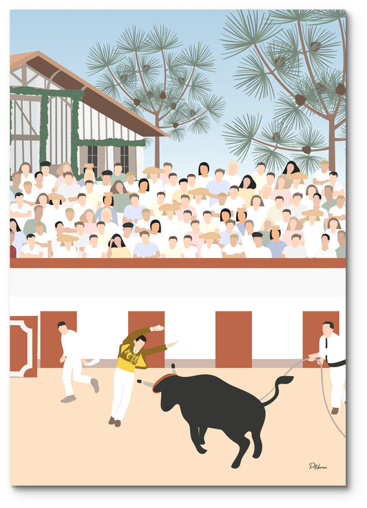 Affiche course landaise illustrée : un écarteur esquive la vache devant les gradins pleins des arènes