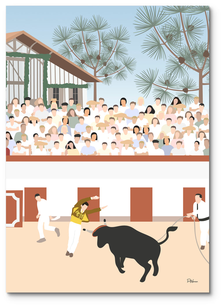 Affiche course landaise illustrée : un écarteur esquive la vache devant les gradins pleins des arènes