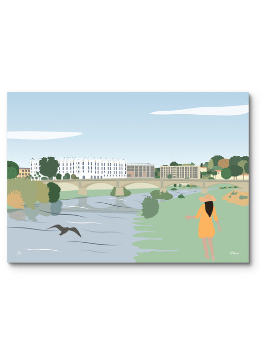 Affiche Dax illustrée : une promeneuse au bord de l'Adour, face au pont et à l'hôtel Splendid