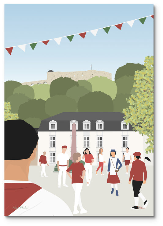 Affiche fêtes de Mauléon illustrée : la foule en rouge et blanc sur la place, sous les fanions, devant le château fort
