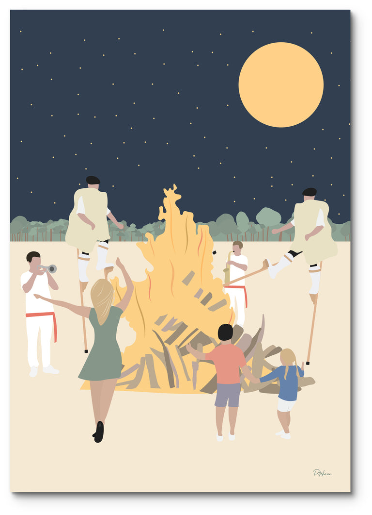 Affiche folklore landais illustrée : des échassiers et des danseurs autour d'un grand feu, sous la pleine lune