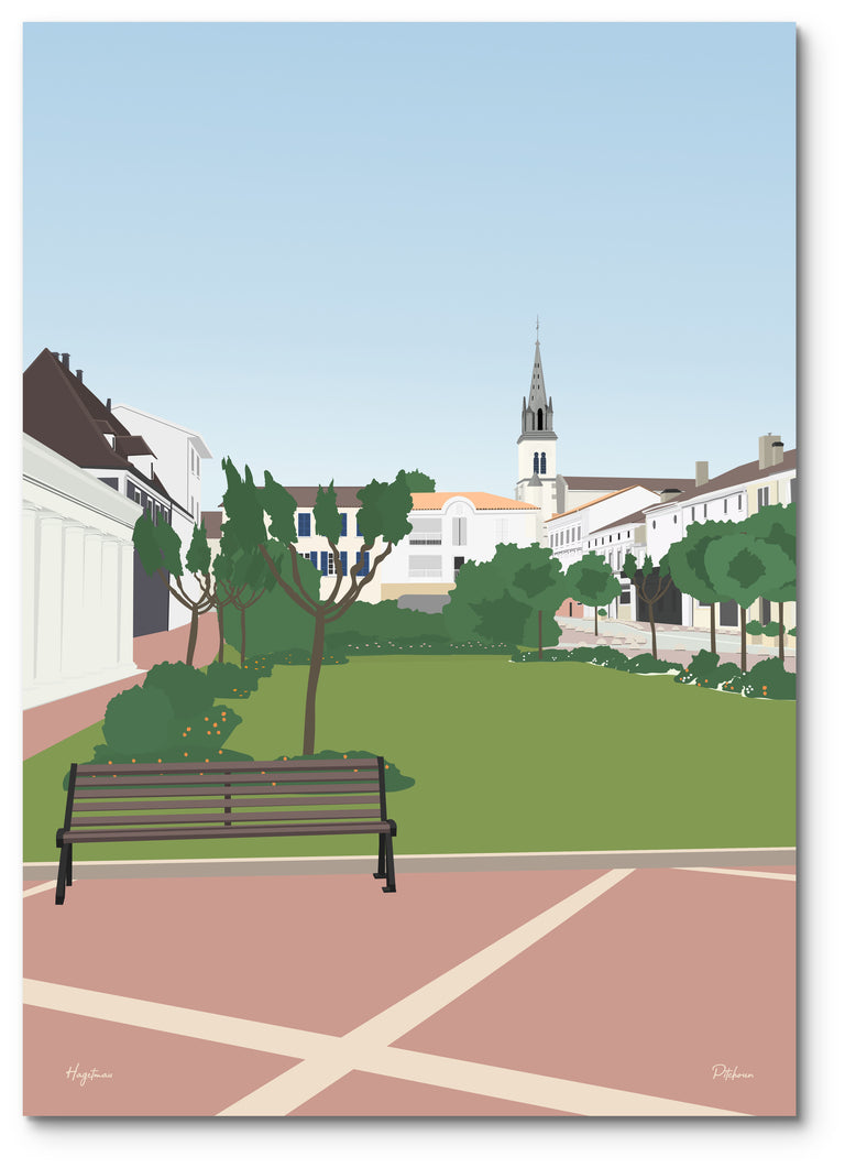 Affiche Hagetmau illustrée : la place de la République, son jardin et le clocher de l'église