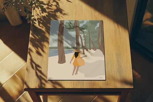 Affiche Hossegor – Détail du poster vintage montrant le lac et les pins landais