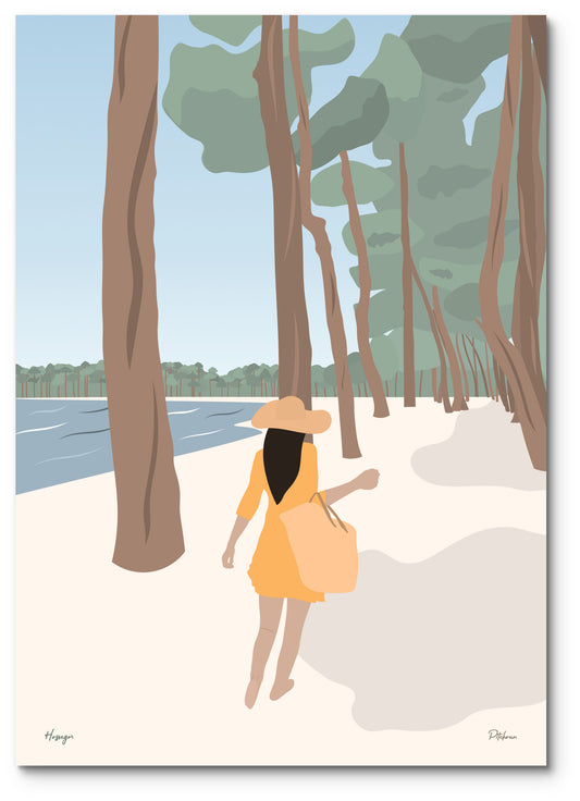 Affiche Hossegor illustrée : une promeneuse au chapeau de paille au bord du lac, entre les pins