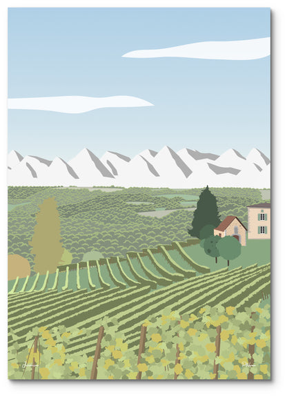 Affiche Jurançon illustrée : les rangs de vigne sur les coteaux et les Pyrénées enneigées