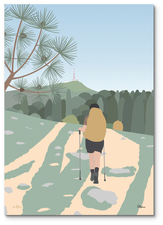 Affiche La Rhune illustrée : un randonneur sur le sentier qui mène au sommet et à son antenne