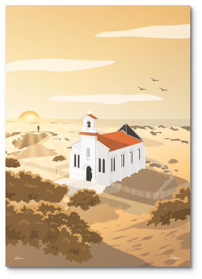 Affiche Labenne illustrée : une chapelle blanche dans les dunes, au coucher du soleil sur l'océan