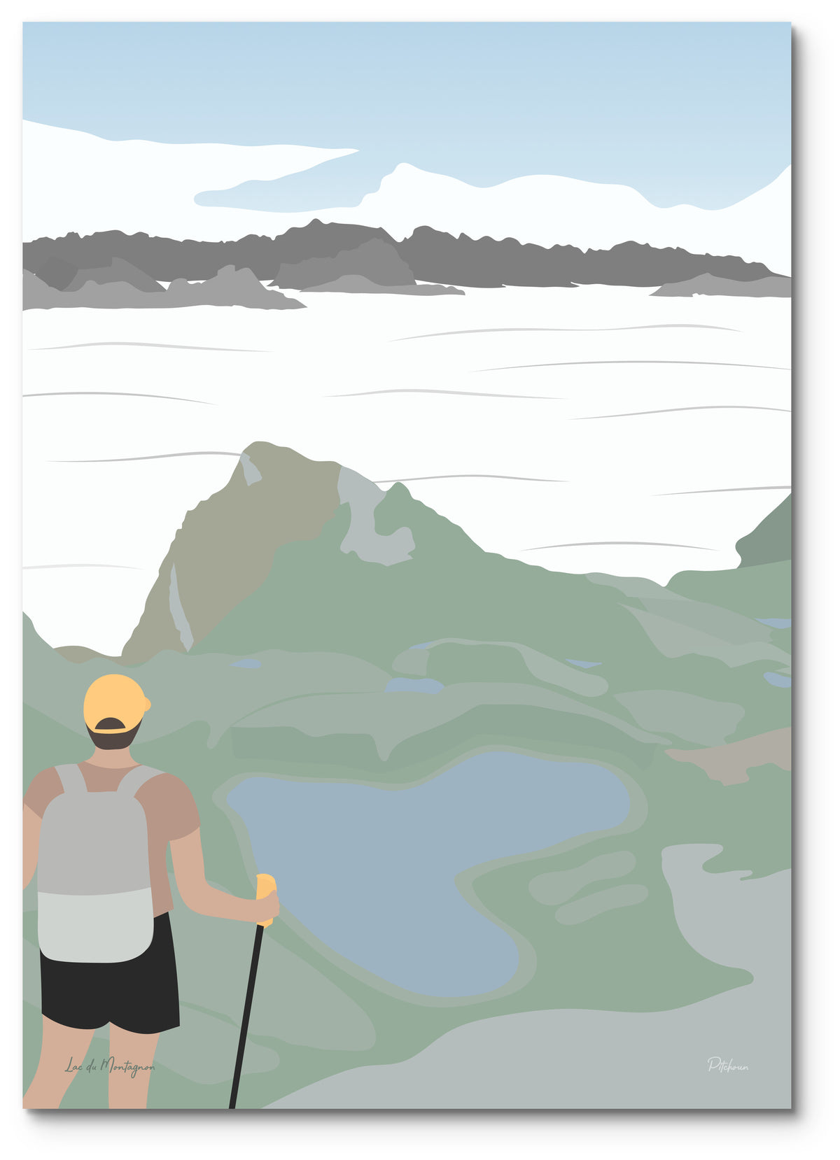 Affiche lac du Montagnon illustrée : un randonneur face au lac en forme de cœur, au-dessus d'une mer de nuages