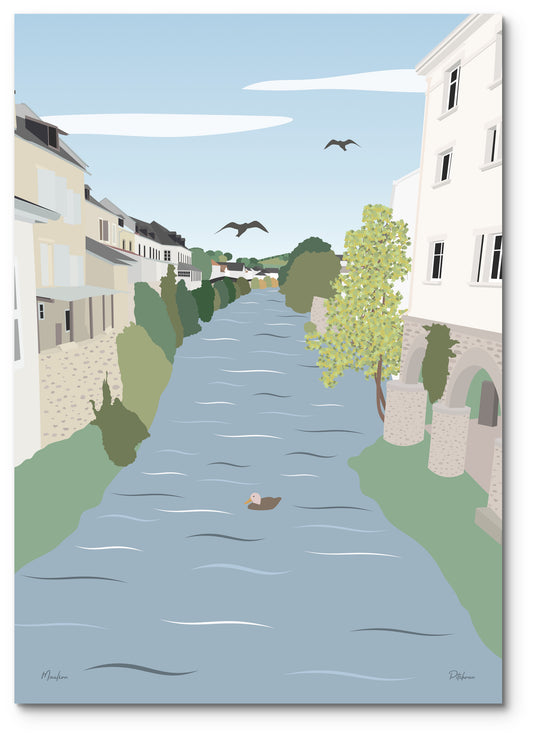 Affiche Mauléon illustrée : le Saison qui traverse la ville, entre les maisons
