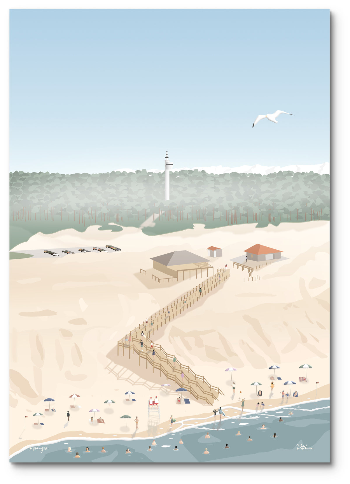 Affiche Messanges illustrée : la plage, l'escalier en bois qui monte la dune et le sémaphore au-dessus des pins