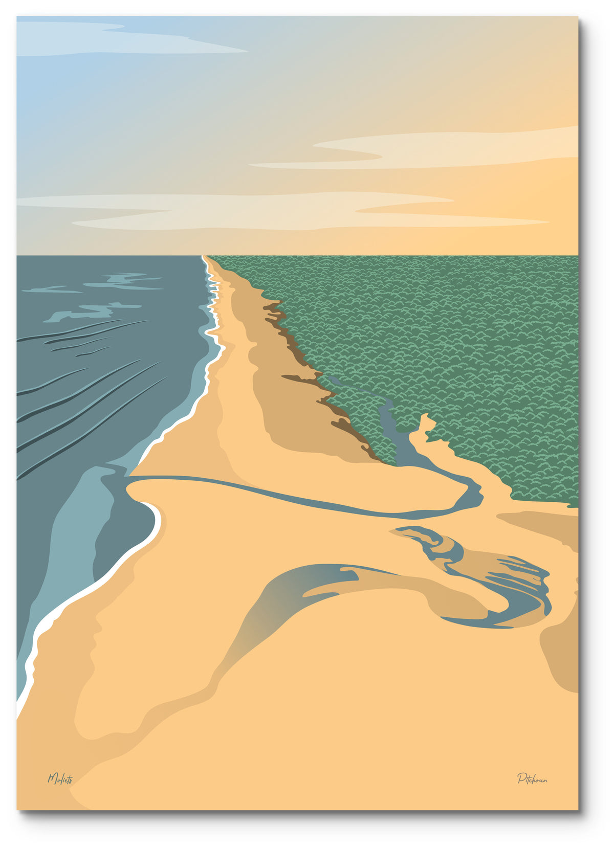 Affiche Moliets illustrée : l'embouchure du courant d'Huchet entre la forêt et l'océan, vue d'en haut
