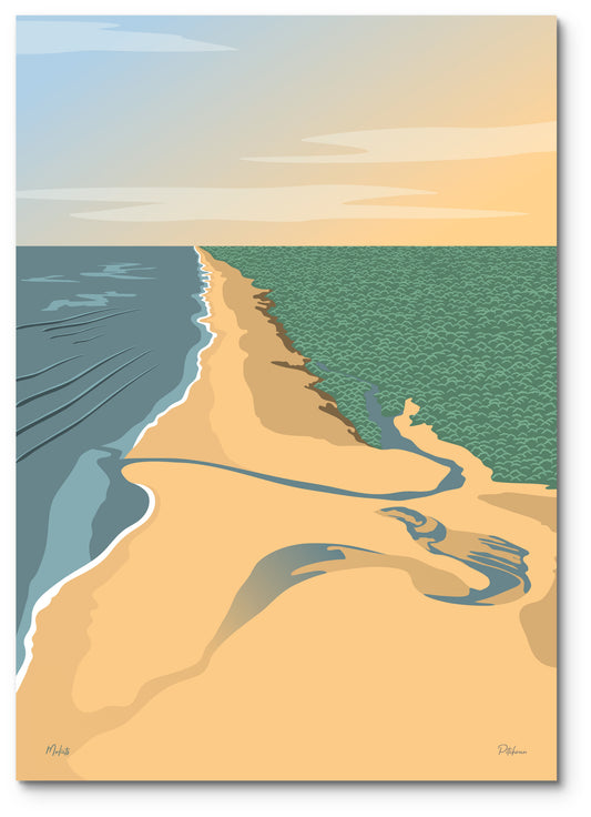 Affiche Moliets illustrée : l'embouchure du courant d'Huchet entre la forêt et l'océan, vue d'en haut
