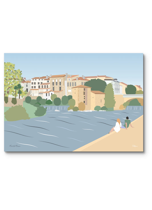 Affiche Mont-de-Marsan illustrée : un couple assis au bord de la Midouze, face à la vieille ville