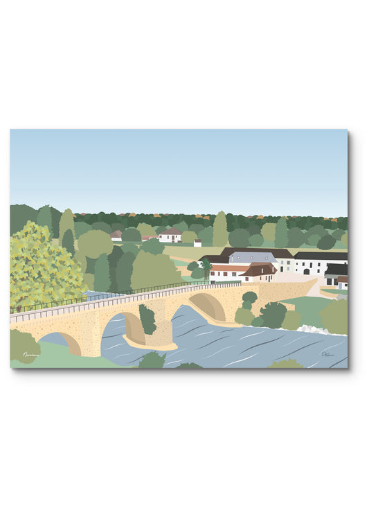 Affiche Navarrenx illustrée : le vieux pont de pierre sur le gave d'Oloron et les maisons de la ville