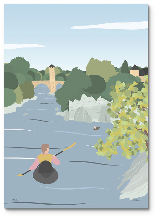 Affiche Orthez illustrée : un kayak sur le gave de Pau, devant le Pont-Vieux et sa tour