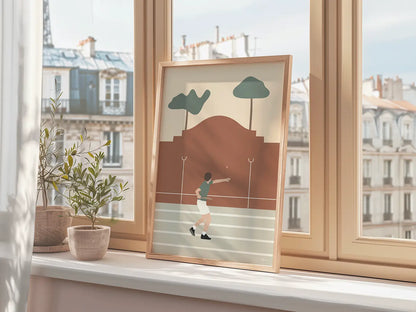 Affiche pala encadrée représentant un joueur de pelote basque sur un fronton au Pays Basque