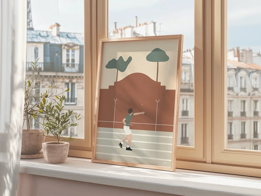 Affiche pala encadrée représentant un joueur de pelote basque sur un fronton au Pays Basque