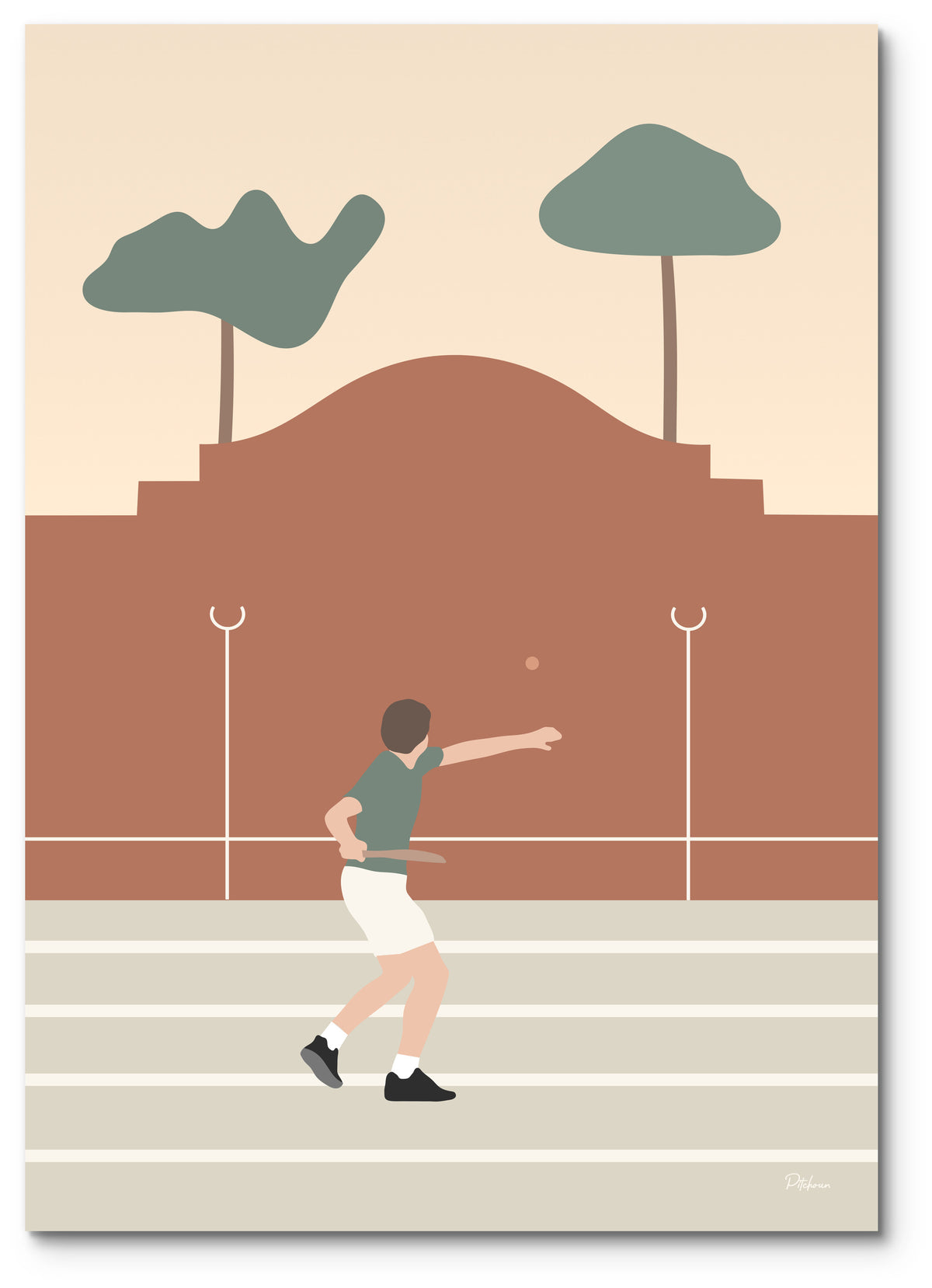 Affiche pala illustrée : un joueur de pelote basque frappe la balle devant le fronton