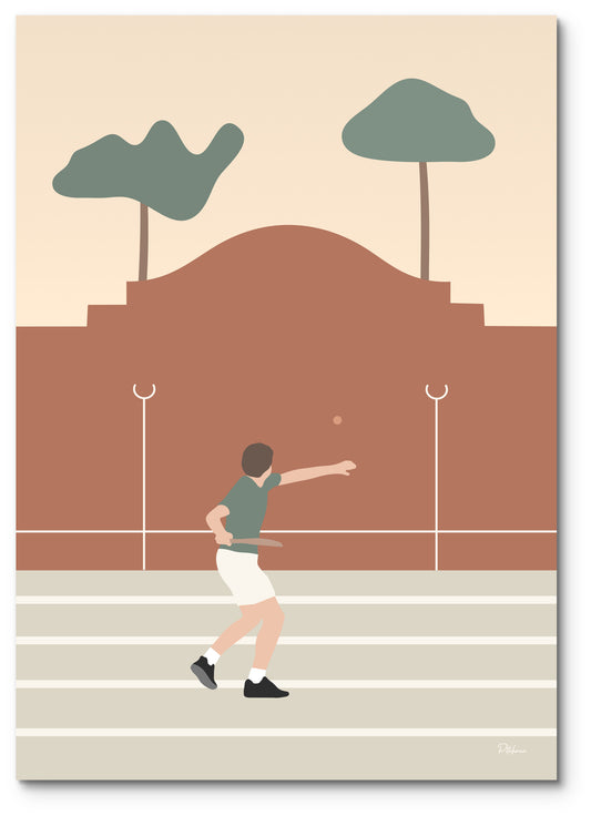 Affiche pala illustrée : un joueur de pelote basque frappe la balle devant le fronton