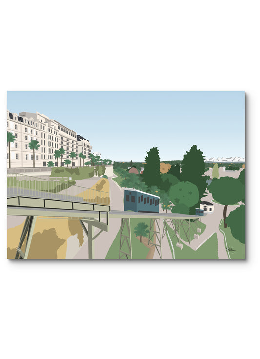 Affiche Pau illustrée : le funiculaire et le boulevard des Pyrénées