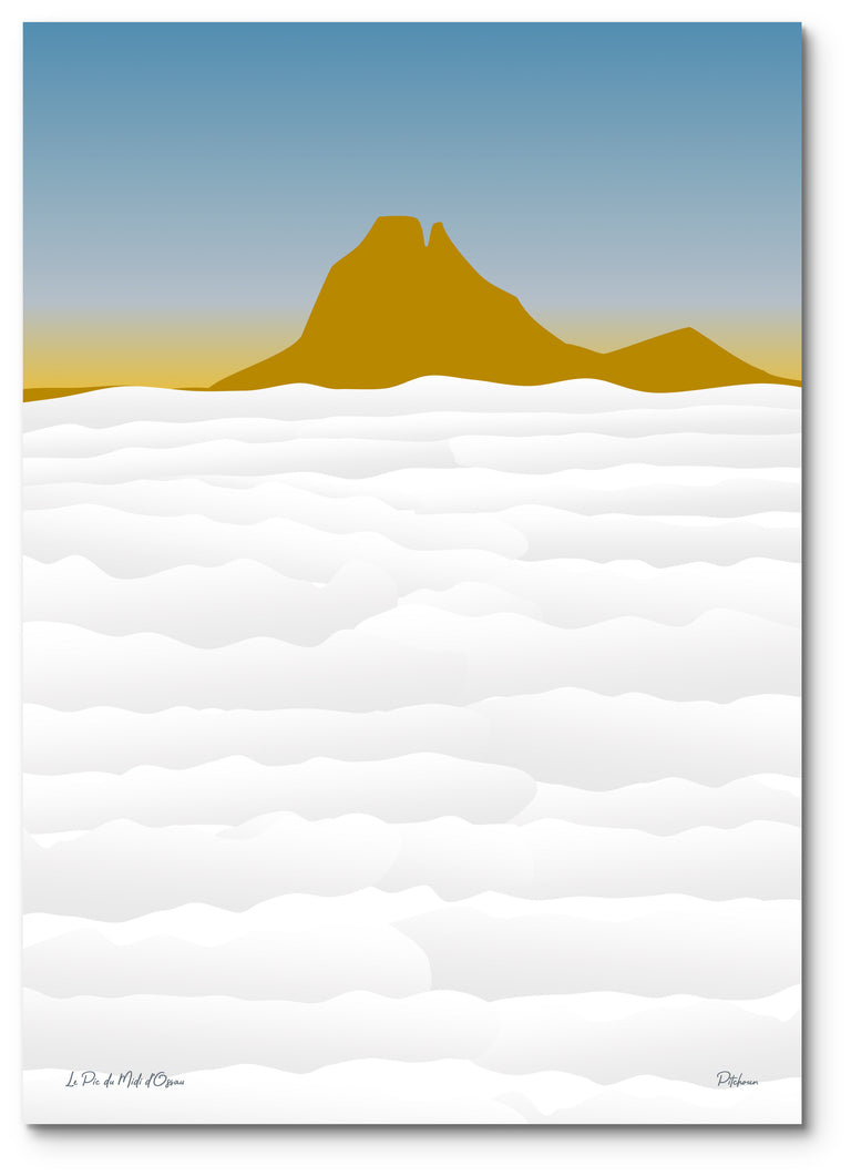 Affiche Pic du Midi d'Ossau illustrée : le pic qui émerge d'une mer de nuages