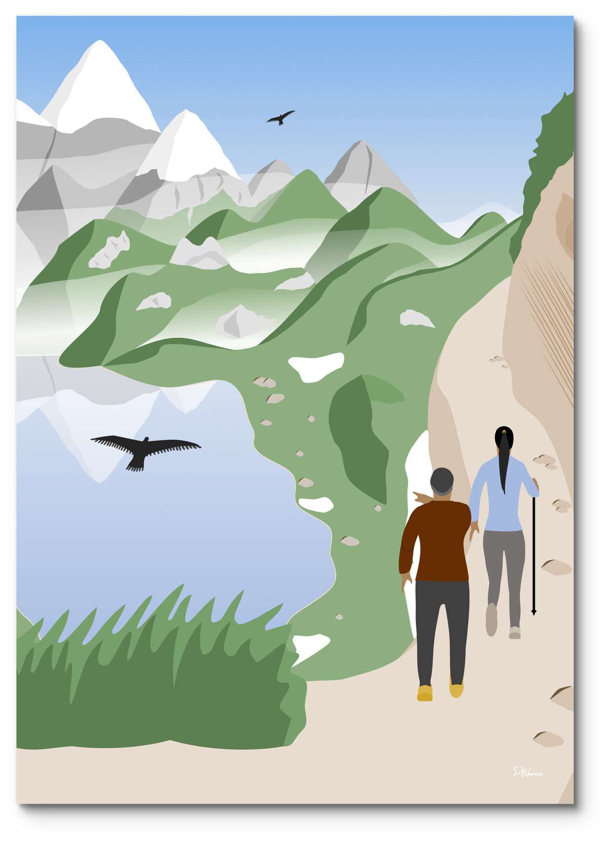 Affiche randonnée Pyrénées illustrée : deux randonneurs sur un sentier au-dessus d'un lac de montagne, face aux sommets enneigés