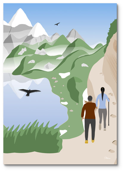 Affiche randonnée Pyrénées illustrée : deux randonneurs sur un sentier au-dessus d'un lac de montagne, face aux sommets enneigés
