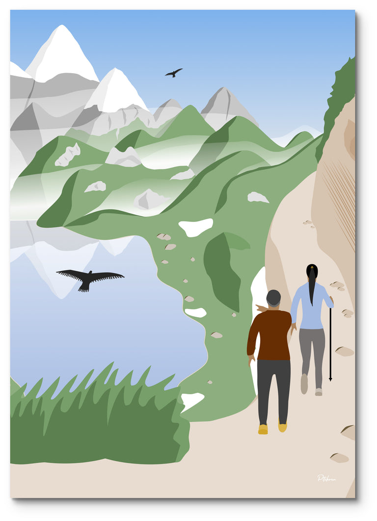 Affiche randonnée Pyrénées illustrée : deux randonneurs sur un sentier au-dessus d'un lac de montagne, face aux sommets enneigés