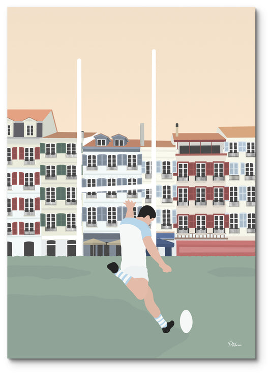 Affiche rugby Bayonne illustrée : un buteur tape une pénalité devant les façades des quais de Bayonne