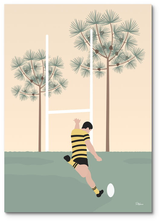 Affiche rugby Mont-de-Marsan illustrée : un buteur en maillot jaune et noir devant les pins landais