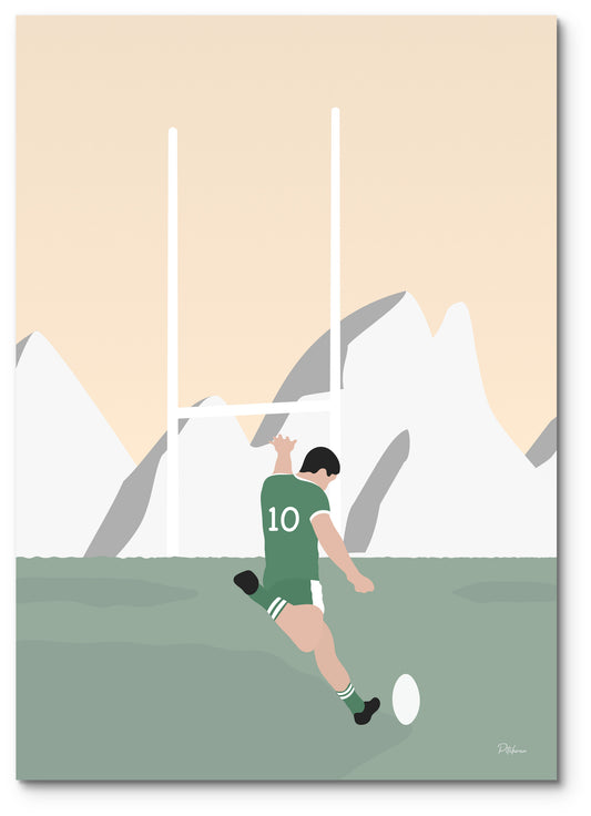 Affiche rugby Pau illustrée : un buteur en maillot vert devant les Pyrénées