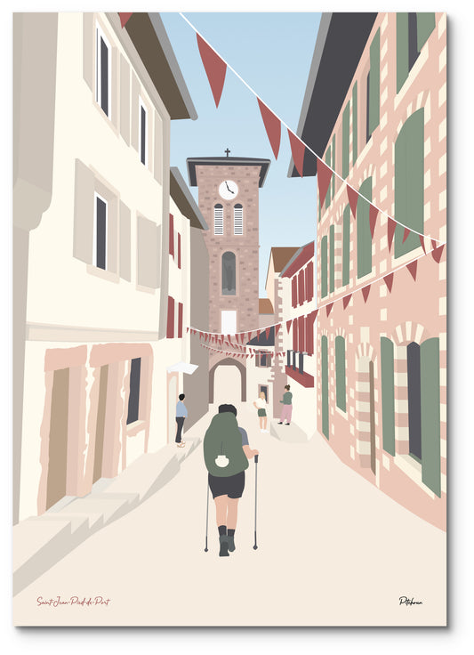 Affiche Saint-Jean-Pied-de-Port illustrée : un pèlerin dans une rue pavée sous les fanions, face au clocher