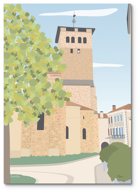 Affiche Saint-Sever illustrée : l'abbatiale et son clocher, derrière les arbres