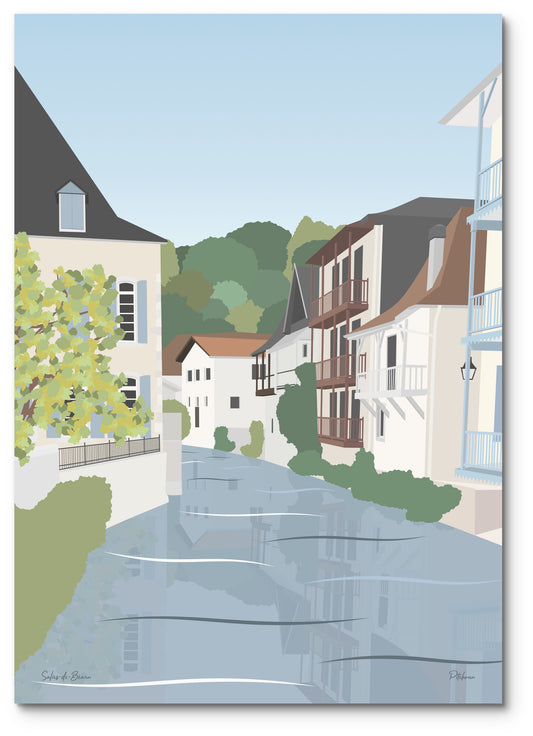 Affiche Salies-de-Béarn illustrée : les maisons à balcons de bois au bord du Saleys