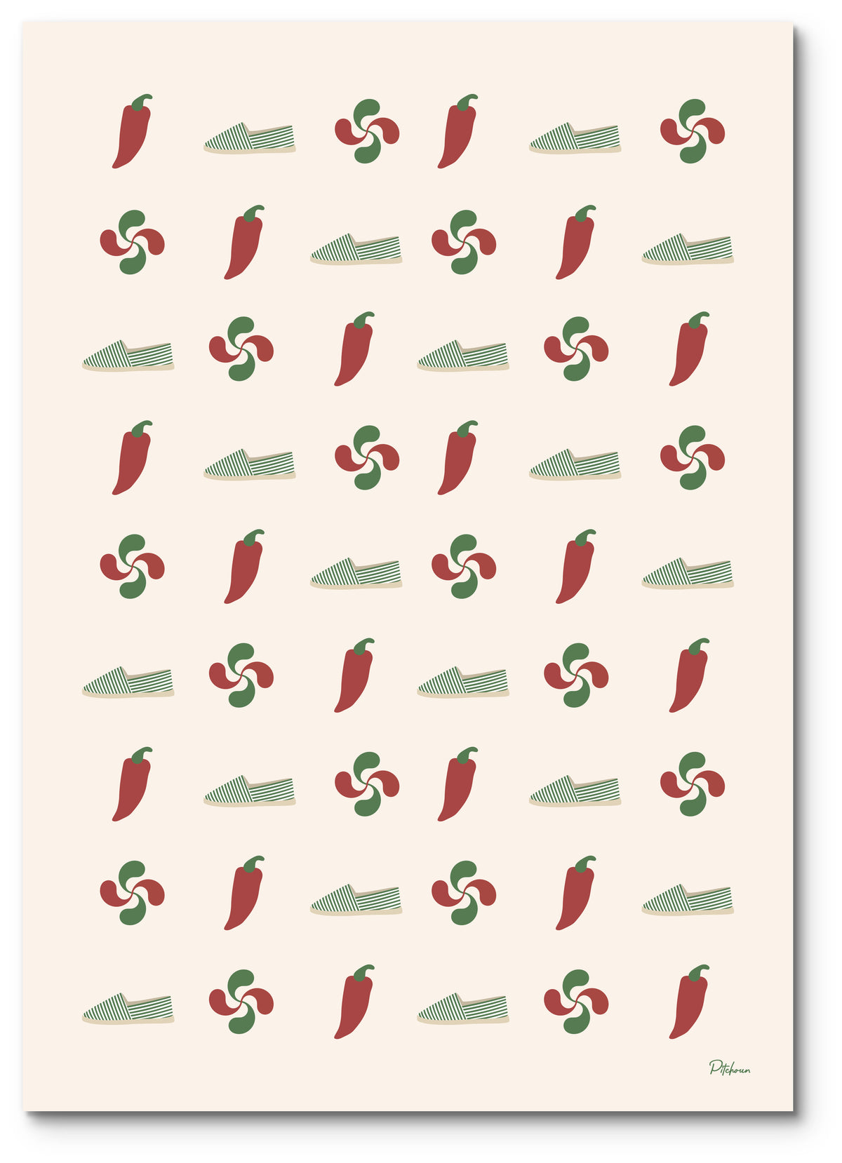 Affiche symboles basques illustrée : piments, espadrilles et croix basques en motif répété