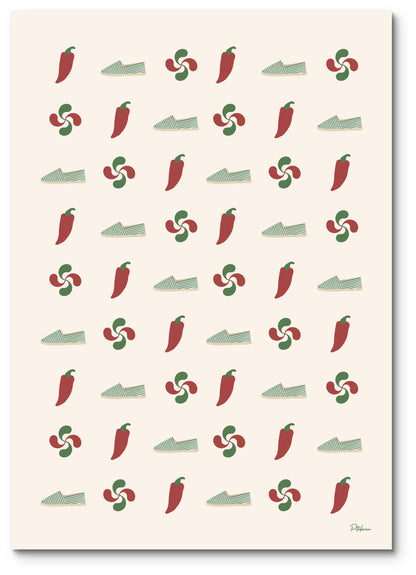 Affiche symboles basques illustrée : piments, espadrilles et croix basques en motif répété