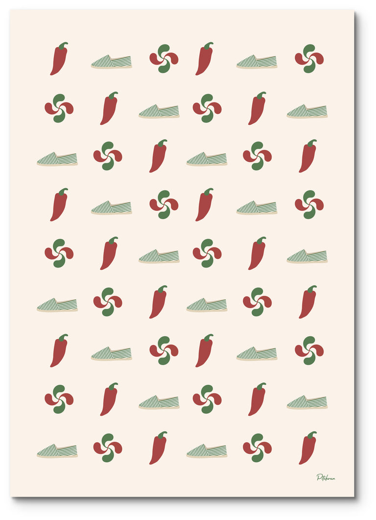 Affiche symboles basques illustrée : piments, espadrilles et croix basques en motif répété