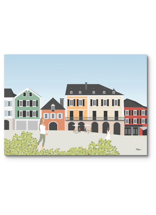 Affiche Tardets illustrée : les maisons colorées et les arcades de la place du village