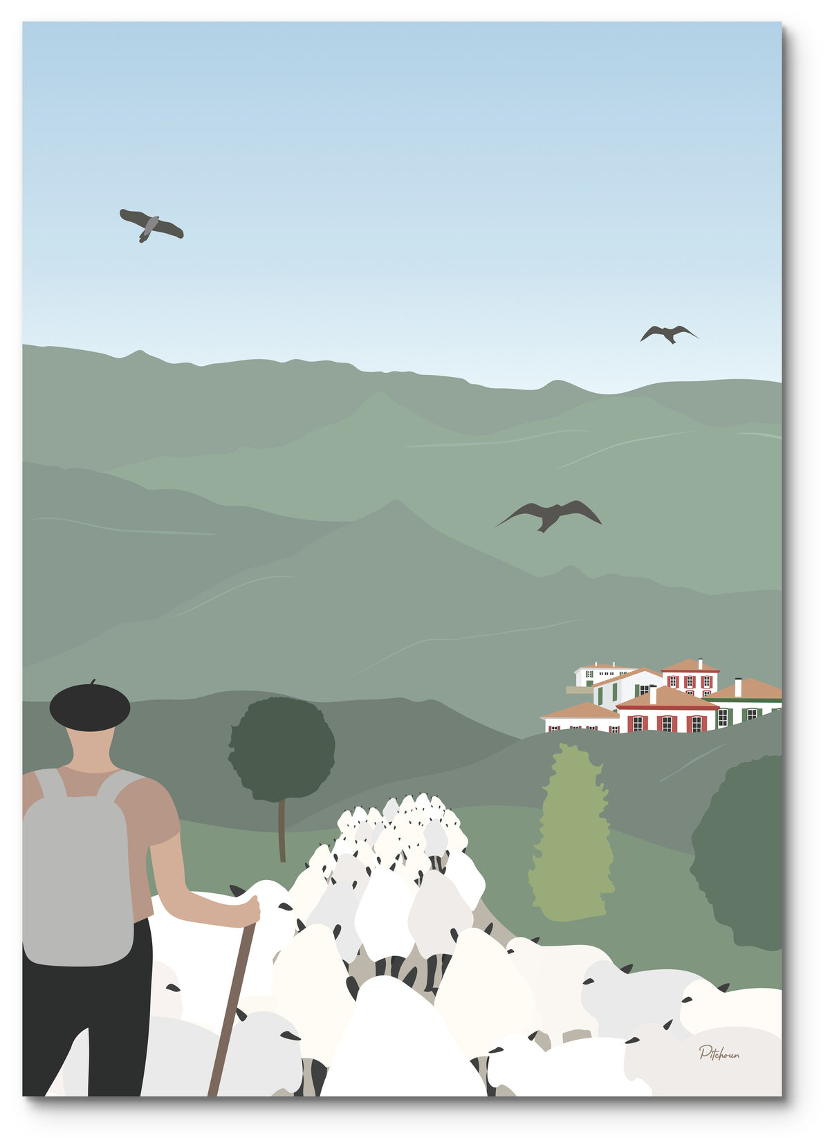 Affiche transhumance illustrée : un berger au béret et son troupeau de brebis dans les montagnes basques