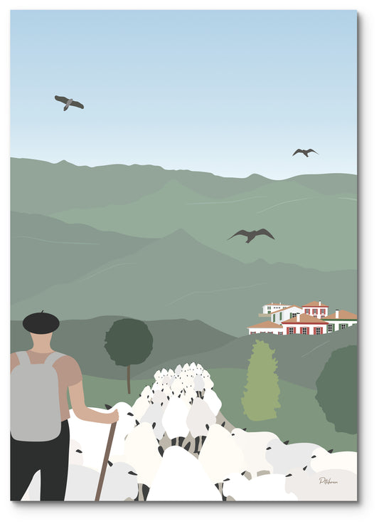 Affiche transhumance illustrée : un berger au béret et son troupeau de brebis dans les montagnes basques