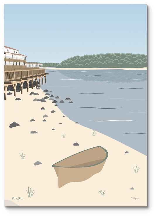 Affiche Vieux-Boucau illustrée : une barque sur la rive du lac marin de Port d'Albret