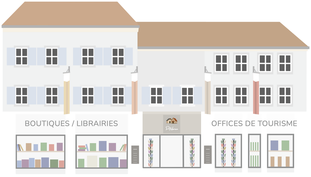 Illustration Pitchoun : une rue de commerces, librairie et office de tourisme, avec des affiches Pitchoun en vitrine